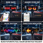 Smart LED Bike Light collage showing custom text, animated eyes, a colorful rhythm pattern and direction arrows