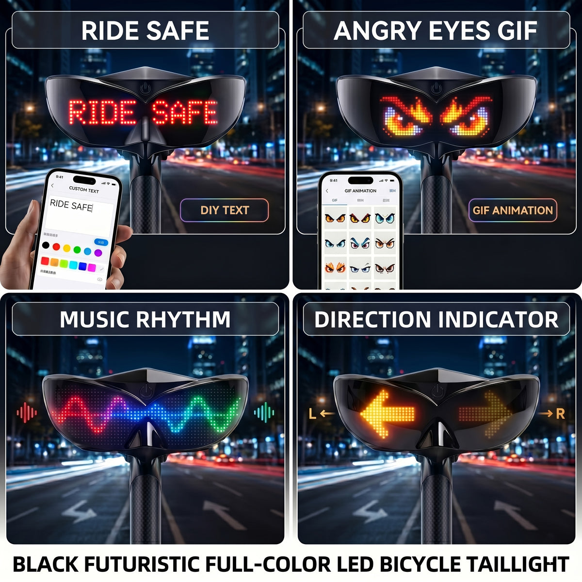 Smart LED Bike Light collage showing custom text, animated eyes, a colorful rhythm pattern and direction arrows