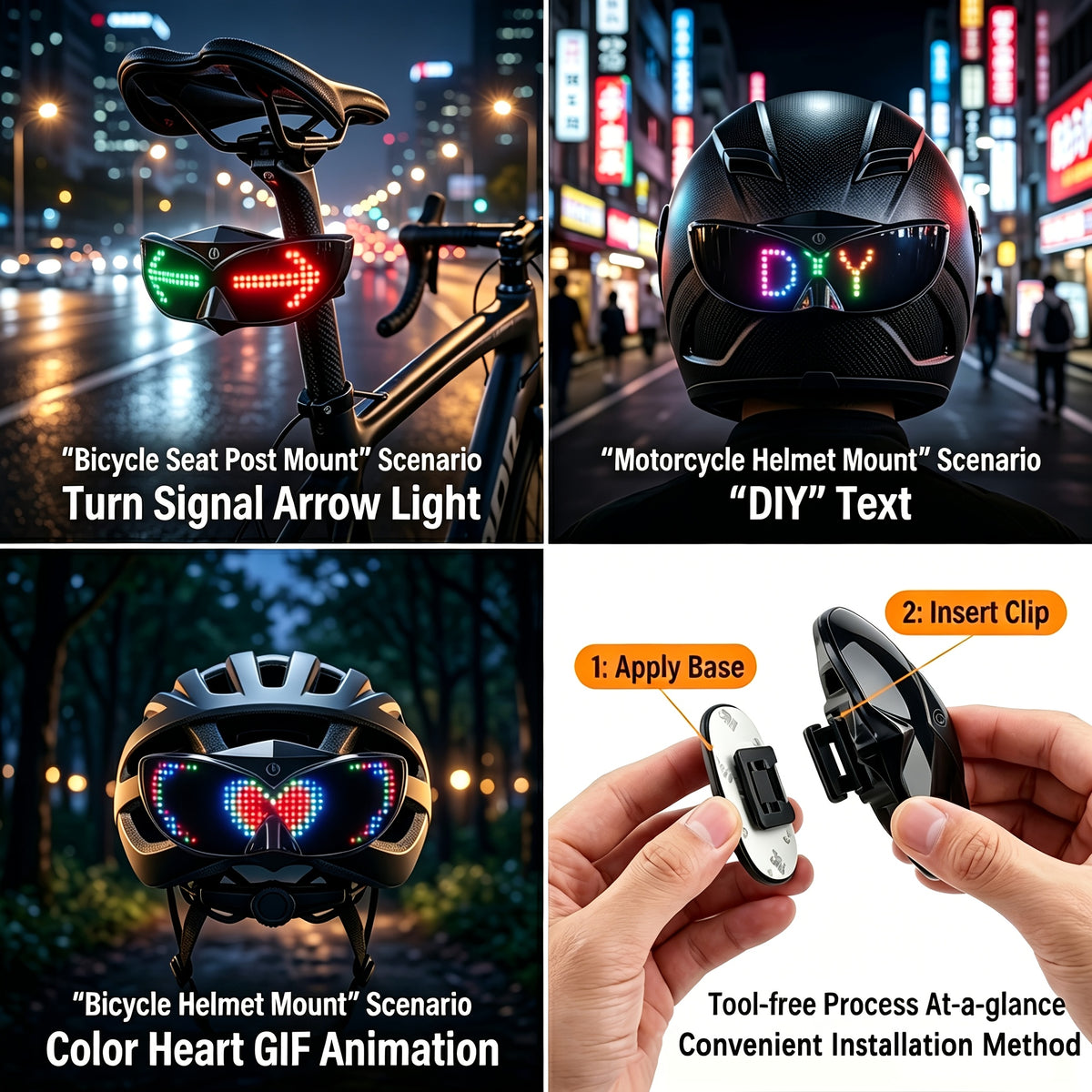 Smart LED Bike Light collage showing bicycle and helmet mounting examples and the detachable mounting clip