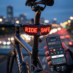 Smart LED Bike Light displaying RIDE SAFE beside a phone showing text and animation controls