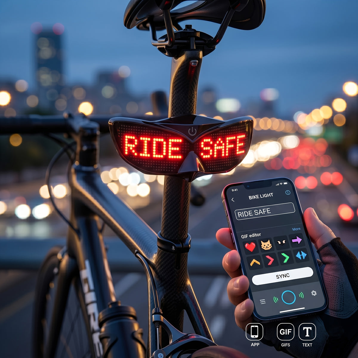 Smart LED Bike Light displaying RIDE SAFE beside a phone showing text and animation controls
