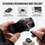 Smart LED Bike Light USB-C charging demonstration with power bank, wall charger and computer illustrations
