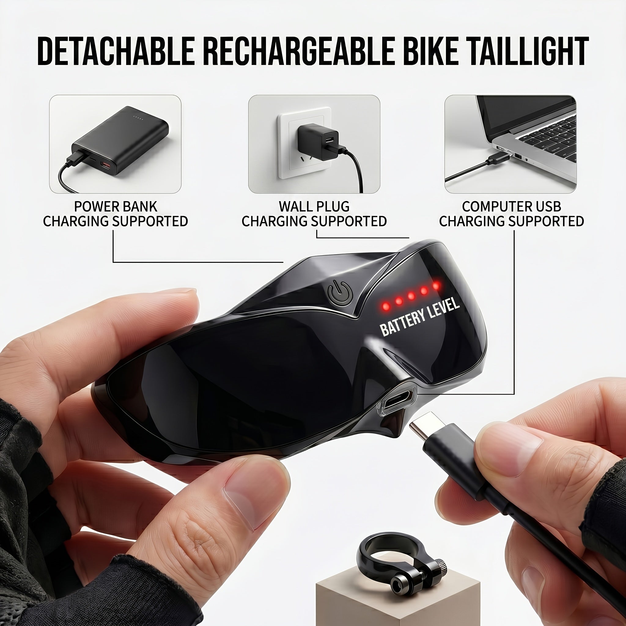 Smart LED Bike Light USB-C charging demonstration with power bank, wall charger and computer illustrations