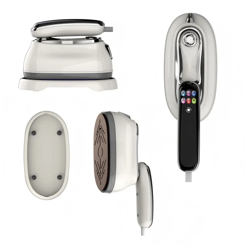 Smart Touchscreen Steam Iron four-view collage showing the resting base, soleplate and extended handle.