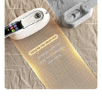 Smart Touchscreen Steam Iron extended-handle iron beside a gray iron in a fabric-moisture comparison.