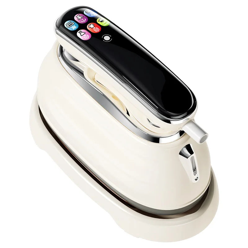 Smart Touchscreen Steam Iron beige body on its resting base, with black touchscreen and silver trim.