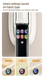 Smart Touchscreen Steam Iron close-up of the control panel with dry ironing, silk and cashmere labels.