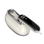 Smart Touchscreen Steam Iron beige iron from above with the handle extended and water cap exposed.