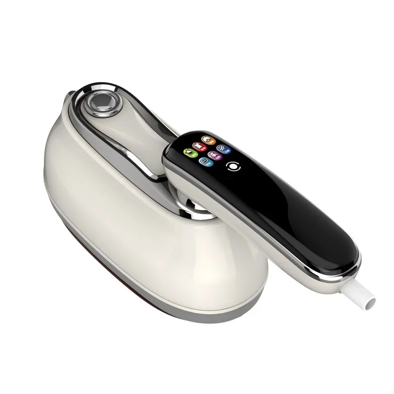 Smart Touchscreen Steam Iron beige iron from above with the handle extended and water cap exposed.