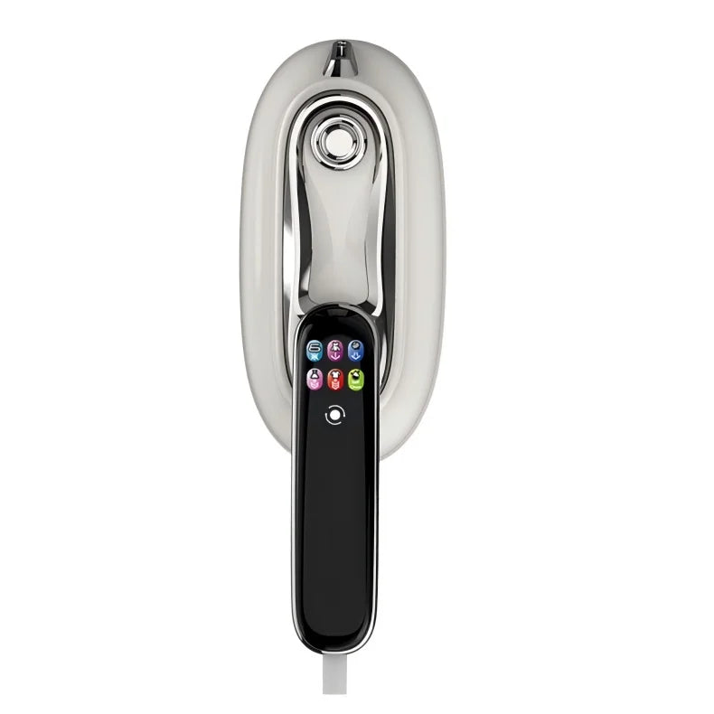 Smart Touchscreen Steam Iron straight overhead view with the touchscreen handle extended below the water cap.
