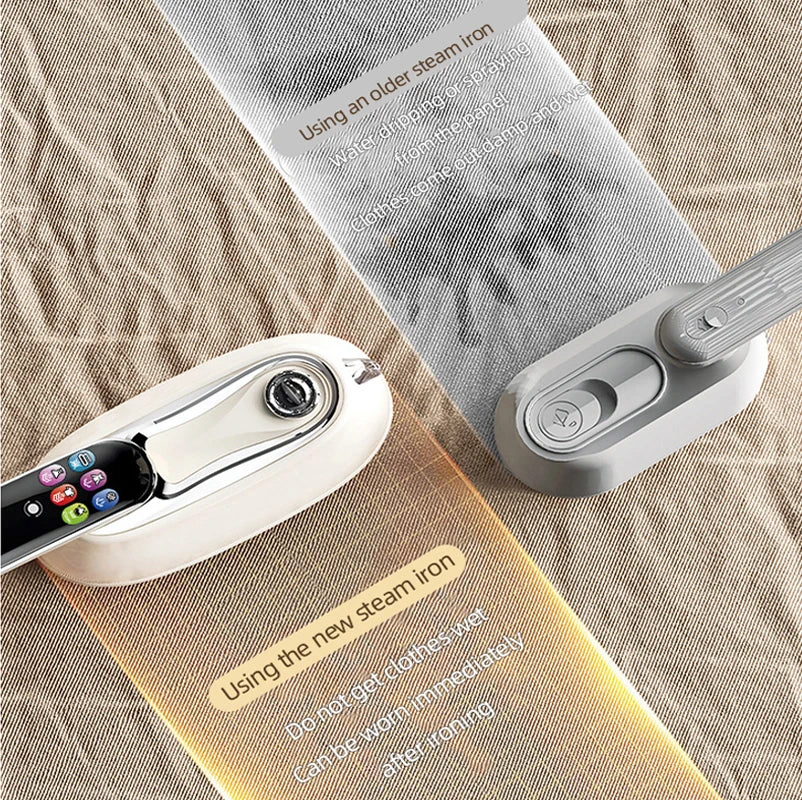 Smart Touchscreen Steam Iron supplier comparison of two irons on beige fabric with a water-mark inset.