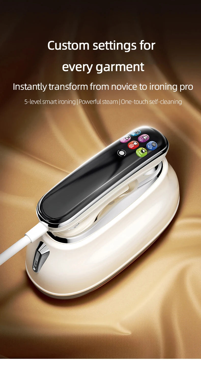 Smart Touchscreen Steam Iron on gold fabric beneath supplier fabric-setting and self-cleaning headings.