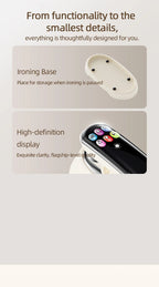 Smart Touchscreen Steam Iron detail panels showing the resting base feet and the colorful display.