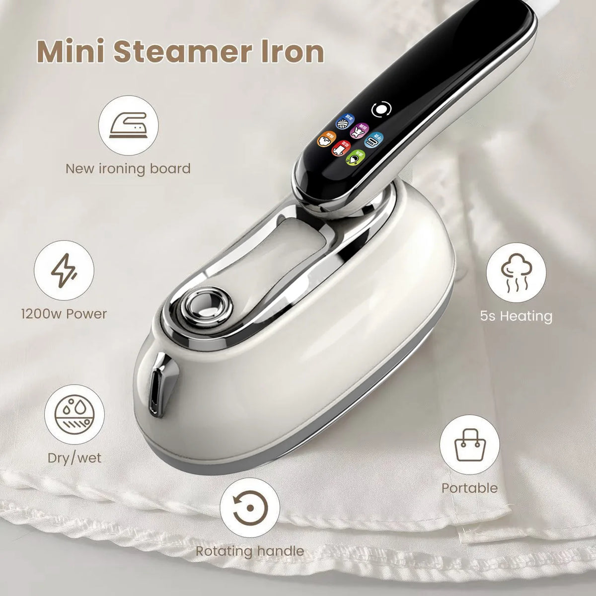 Smart Touchscreen Steam Iron on white fabric with its handle extended and supplier feature icons.