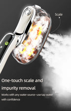 Smart Touchscreen Steam Iron supplier cutaway illustration showing the cleaning mode and scale removal.
