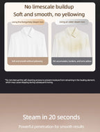 Smart Touchscreen Steam Iron supplier graphic comparing two white shirts, with a cleaning-cycle note.