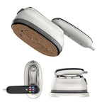 Smart Touchscreen Steam Iron three-angle collage showing the soleplate, rotated handle and resting base.