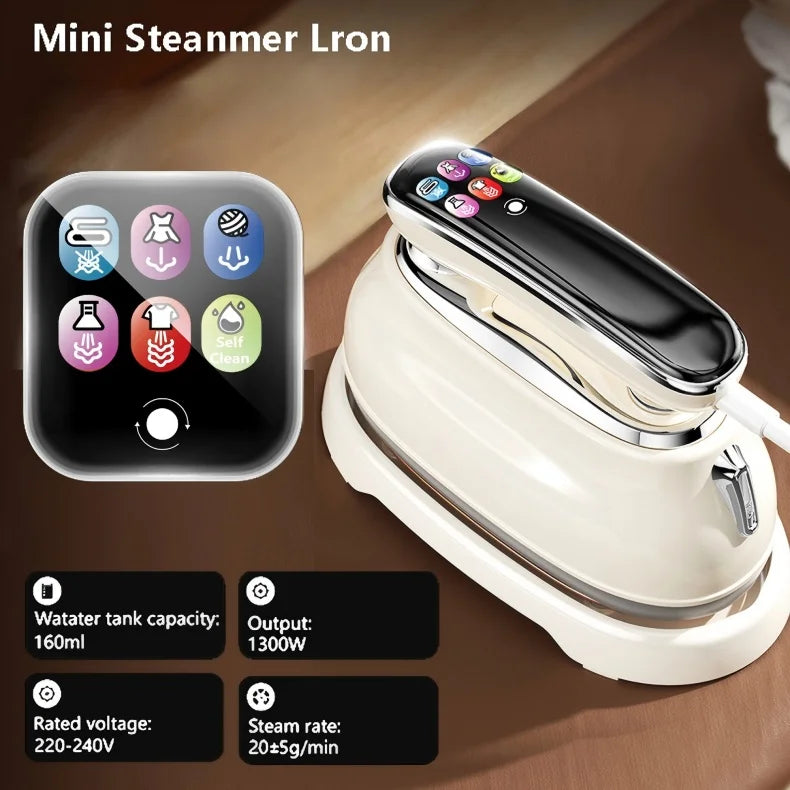 Smart Touchscreen Steam Iron square graphic of the touchscreen and supplier capacity and electrical labels.