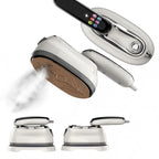 Smart Touchscreen Steam Iron collage of top, underside and side views with different handle positions.