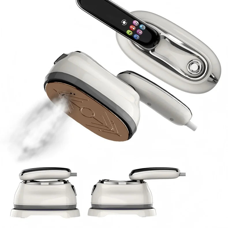 Smart Touchscreen Steam Iron collage of top, underside and side views with different handle positions.