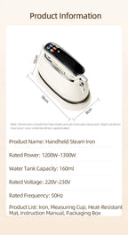 Smart Touchscreen Steam Iron supplier specification sheet with dimensions, electrical ratings and contents.