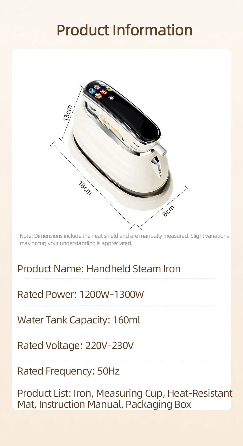 Smart Touchscreen Steam Iron supplier specification sheet with dimensions, electrical ratings and contents.
