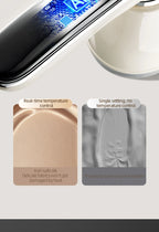 Smart Touchscreen Steam Iron illustrated control circuitry above smooth and puckered fabric swatches.