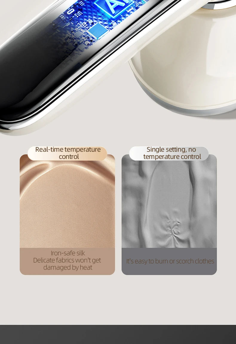 Smart Touchscreen Steam Iron illustrated control circuitry above smooth and puckered fabric swatches.
