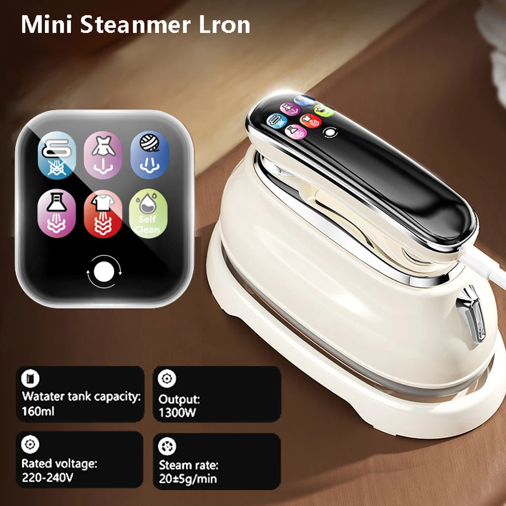 Smart Touchscreen Steam Iron with an enlarged control panel and supplier voltage, tank and power labels.