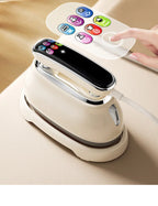 Smart Touchscreen Steam Iron on beige fabric with enlarged colorful controls and a fingertip illustration.