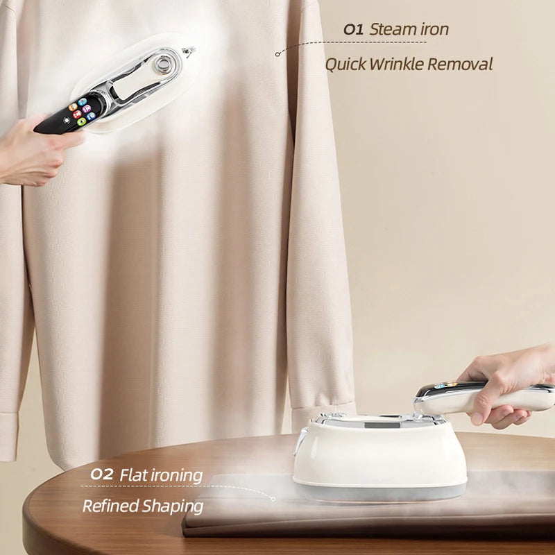 Smart Touchscreen Steam Iron shown steaming a hanging shirt and pressing fabric flat on a table.