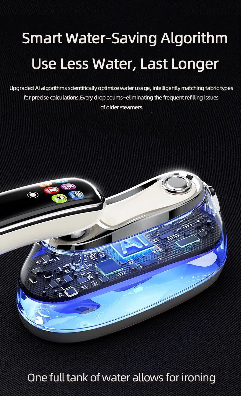 Smart Touchscreen Steam Iron illustrated transparent water tank and electronic controls on a dark background.