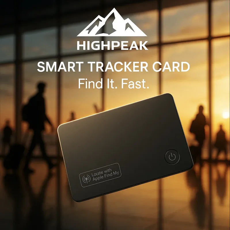 HighPeak Smart Tracker Card in black showing Apple Find My compatibility with sunset airport background and travelers