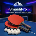 SmashPro™ Ping Pong Racket Set with two red paddles and ten white balls on a blue table tennis table