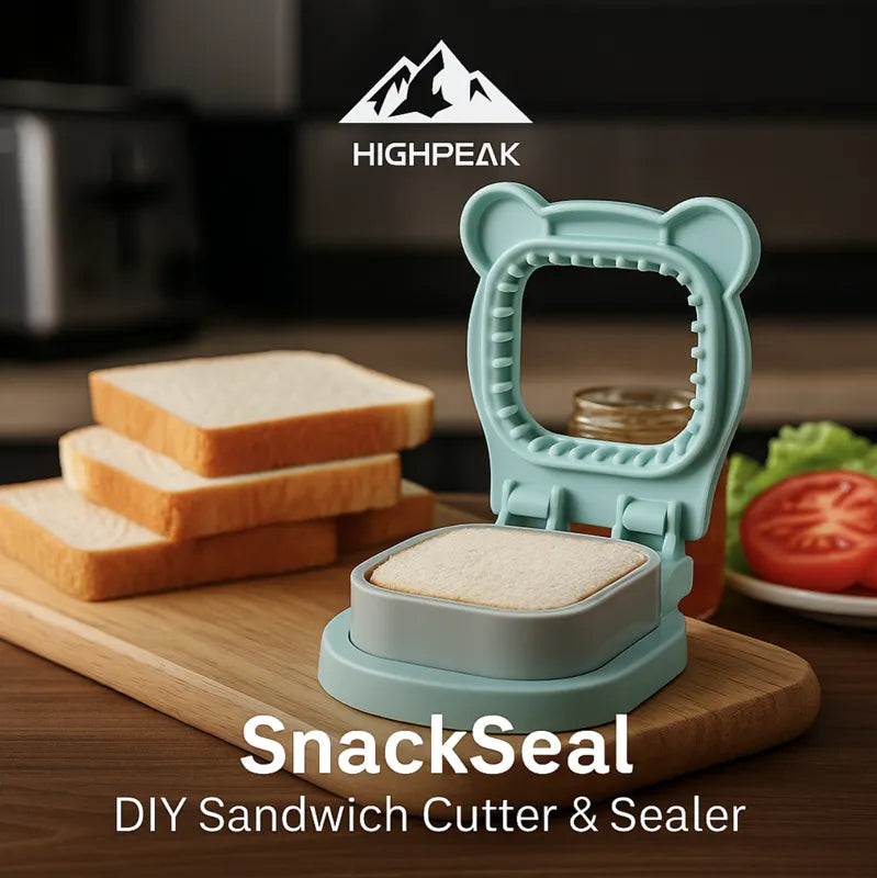 HighPeak SnackSeal™ DIY Sandwich Cutter in teal on wood board with sliced bread and sandwich filling ingredients nearby