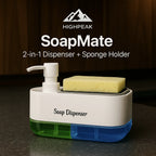 HighPeak SoapMate™ dual-chamber soap dispenser and sponge holder in white with green and blue base on dark counter