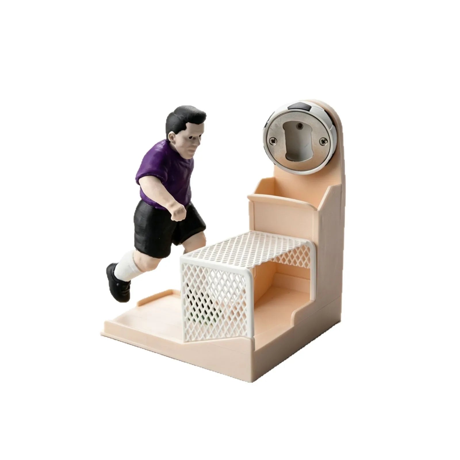 Soccer Goal Bottle Opener clean view showing the player, mini goal, opener, and cap slot