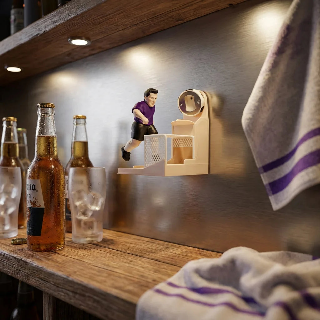 Soccer Goal Bottle Opener mounted on a home bar wall beside bottles and glasses