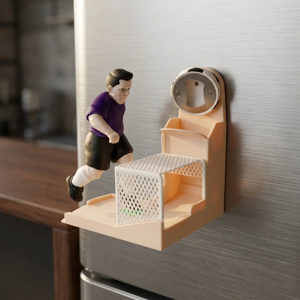 Soccer Goal Bottle Opener mounted on a wall beside a home bar counter