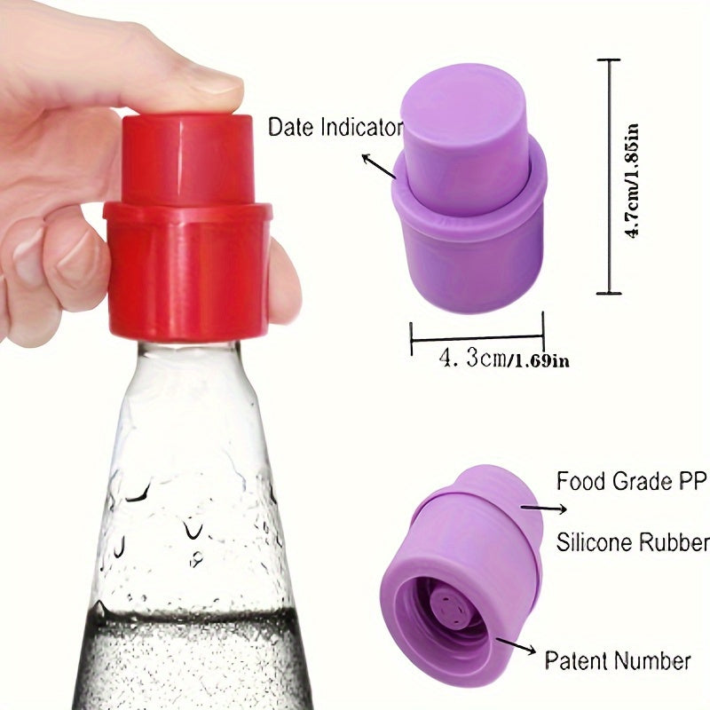 Soda Fizz Pump Cap guide showing a red cap pressed on a bottle beside purple cap measurement views.