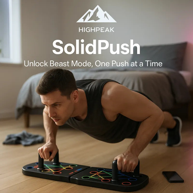 HighPeak SolidPush™ Push-Up Board in black with color-coded grips, man exercising in a home gym setting.