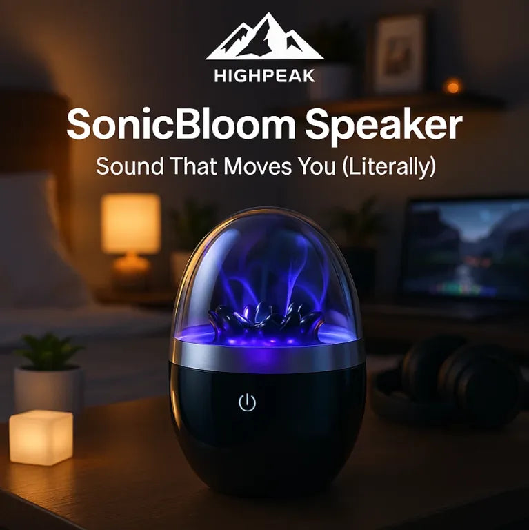 HighPeak SonicBloom Speaker on a table with a blurred background