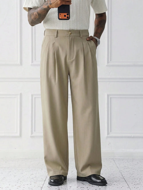 Sorrento Wide Leg Trousers in khaki shown from the front with pleats and a relaxed full-length fit