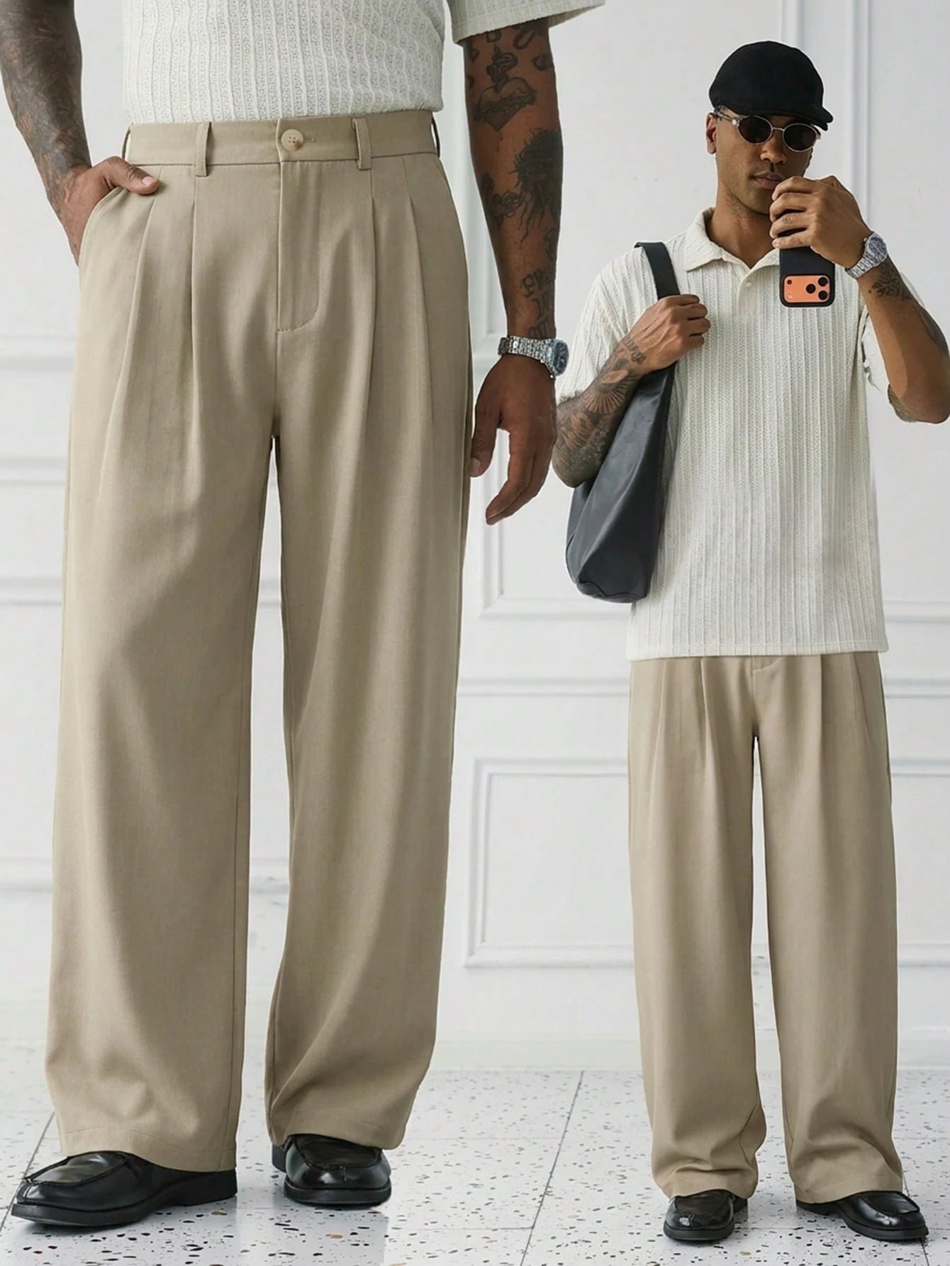 Sorrento Wide Leg Trousers styled in two khaki outfit views showing the relaxed wide-leg silhouette