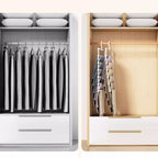 Space Saving Pants Hanger closet comparison showing individual trouser hangers beside two vertical multi-tier racks.