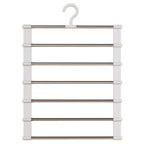 Space Saving Pants Hanger with six garment bars, white side supports and a central hook on a white background.