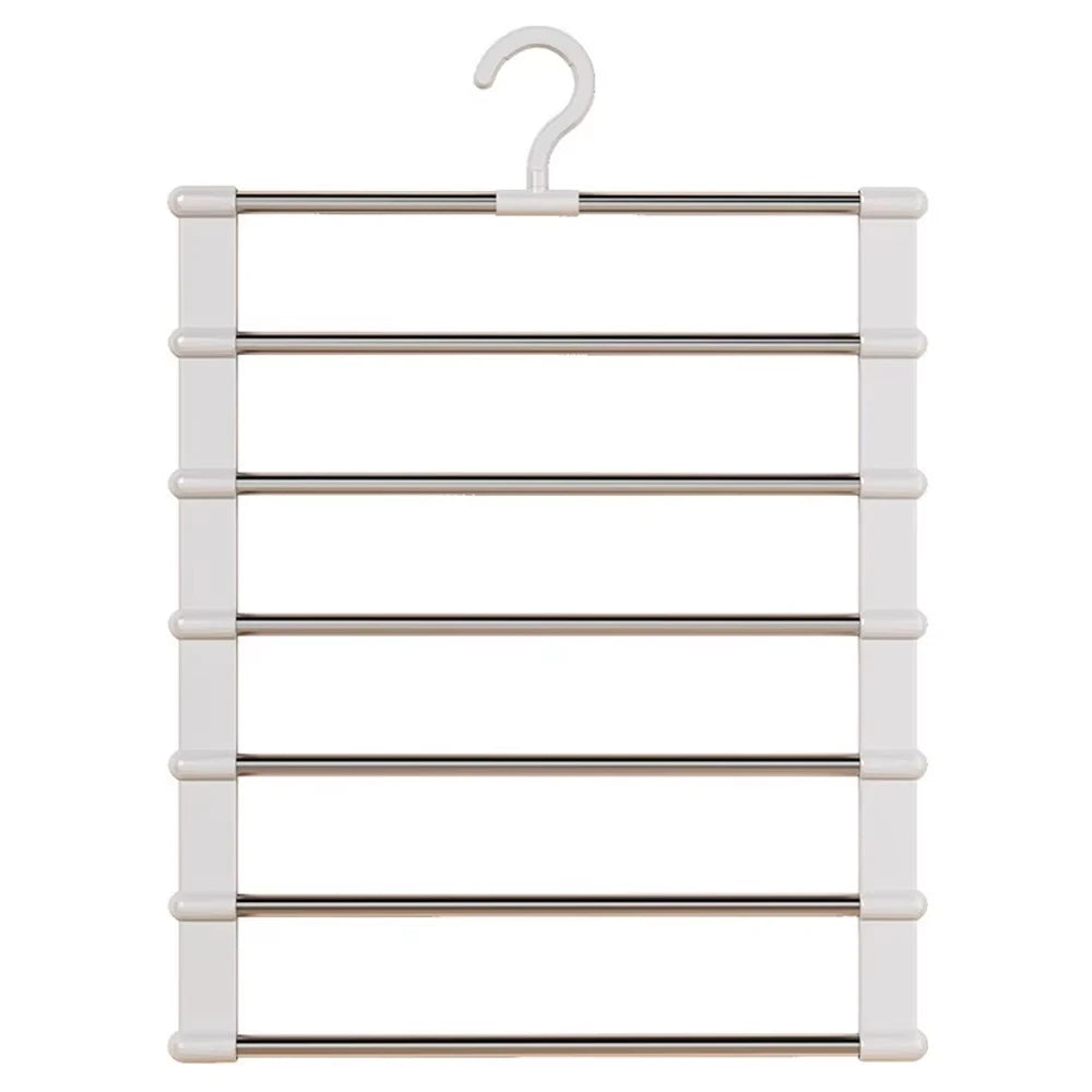 Space Saving Pants Hanger with six garment bars, white side supports and a central hook on a white background.