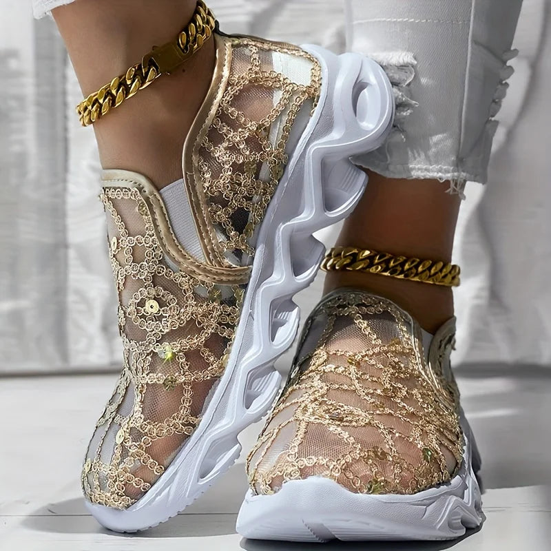 Sparkle Lace Women's Shoes gold pair showing the rounded front and side view of the chunky sole