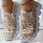 Sparkle Lace Women's Shoes gold pair in a close front view, showing sheer mesh and sparkling lace