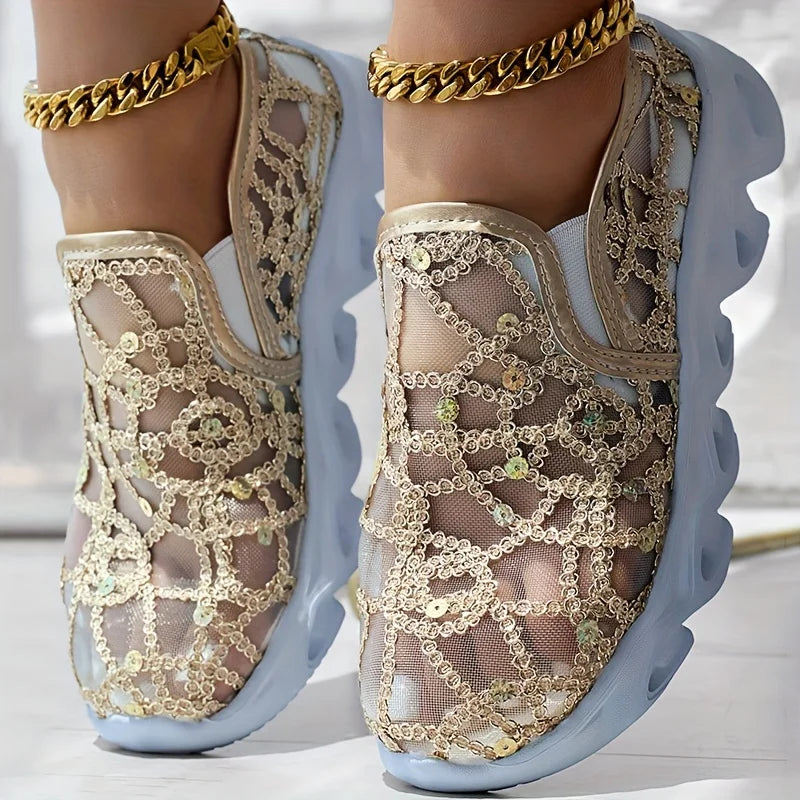Sparkle Lace Women's Shoes gold pair in a close front view, showing sheer mesh and sparkling lace